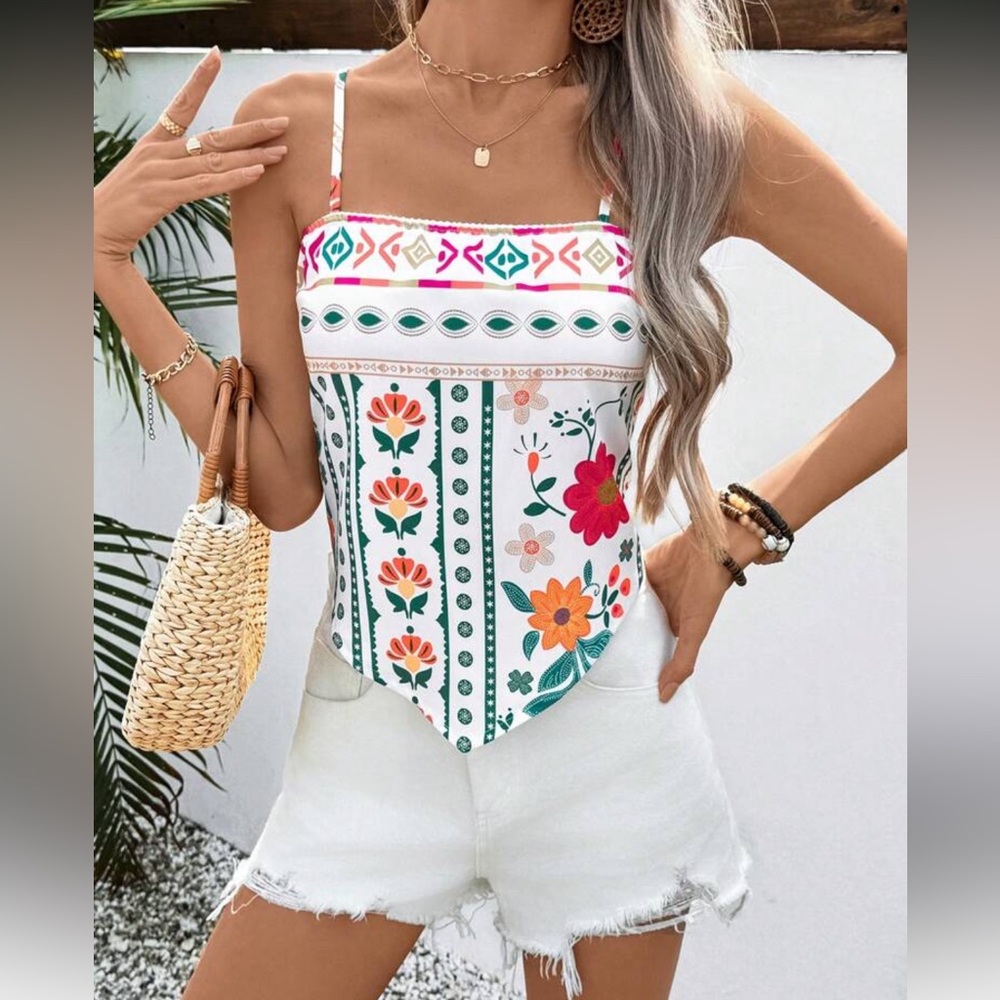 Floral Handkerchief Hem Camisole Top - White with Multicolor Print